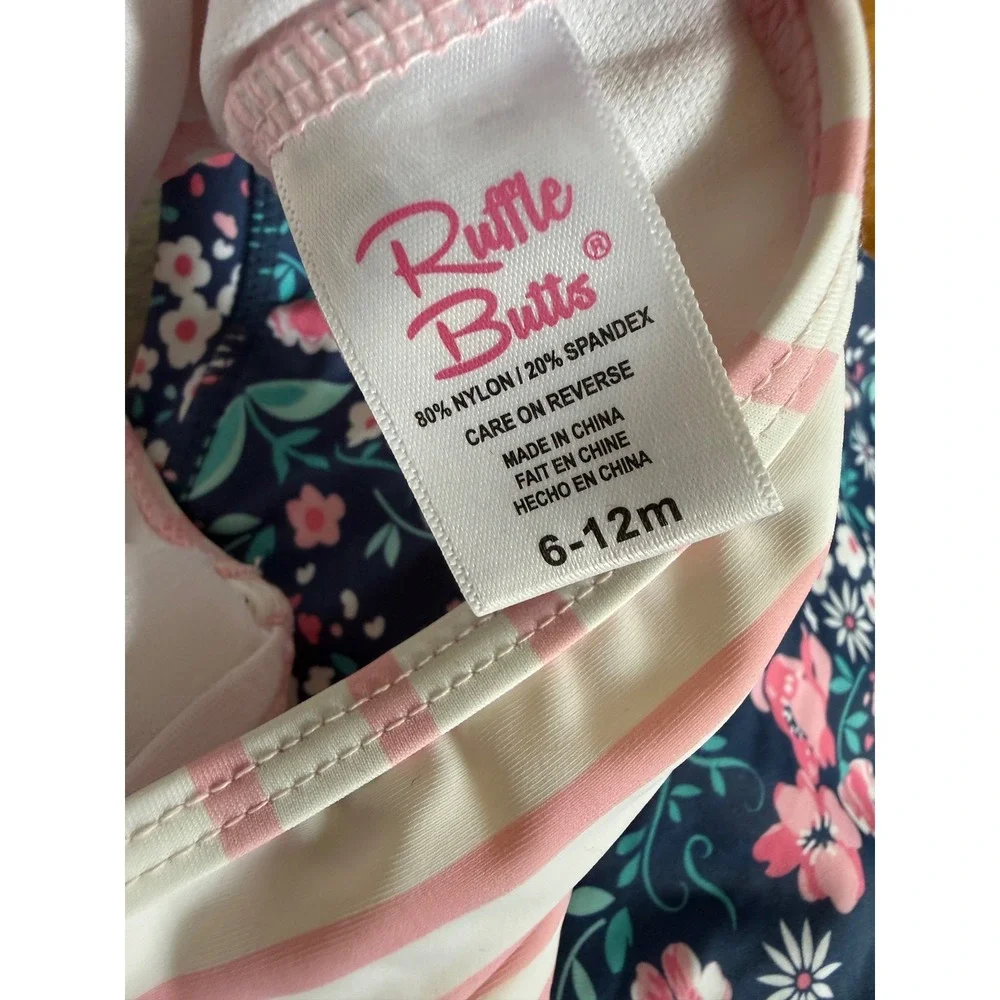 RuffleButts Baby Girl Floral Rash Guard and Ruffle Bottom Swimsuit Set 6-12M
